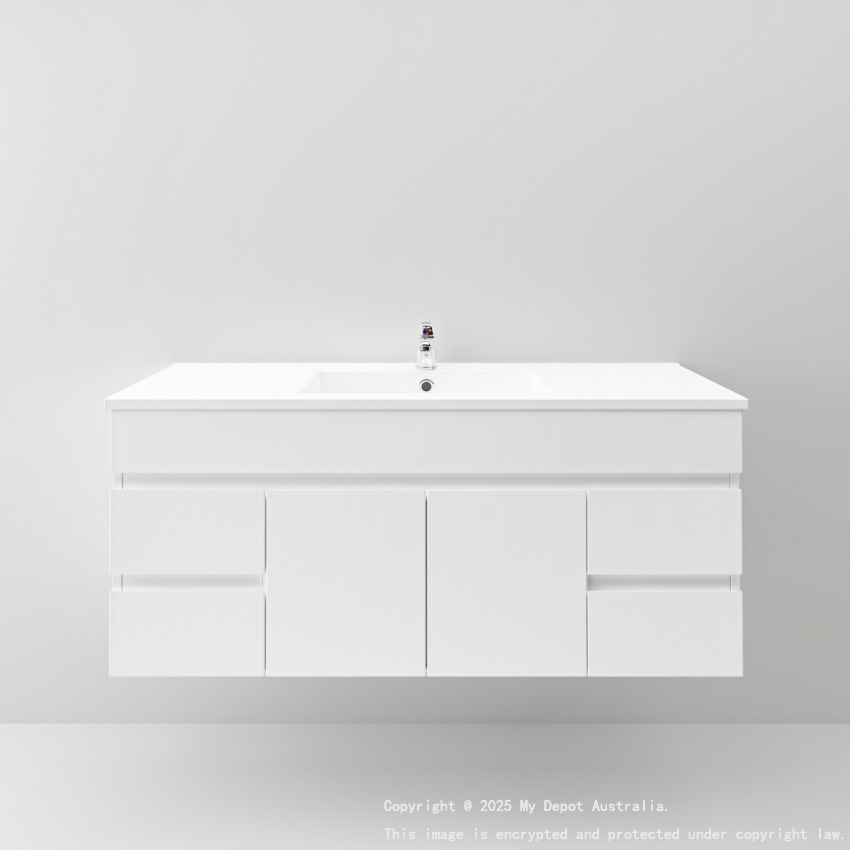 1200MM Gloss White PVC Bathroom Vanity 2 Middle Drawers 4S/DR Wall Hung Cabinet Only