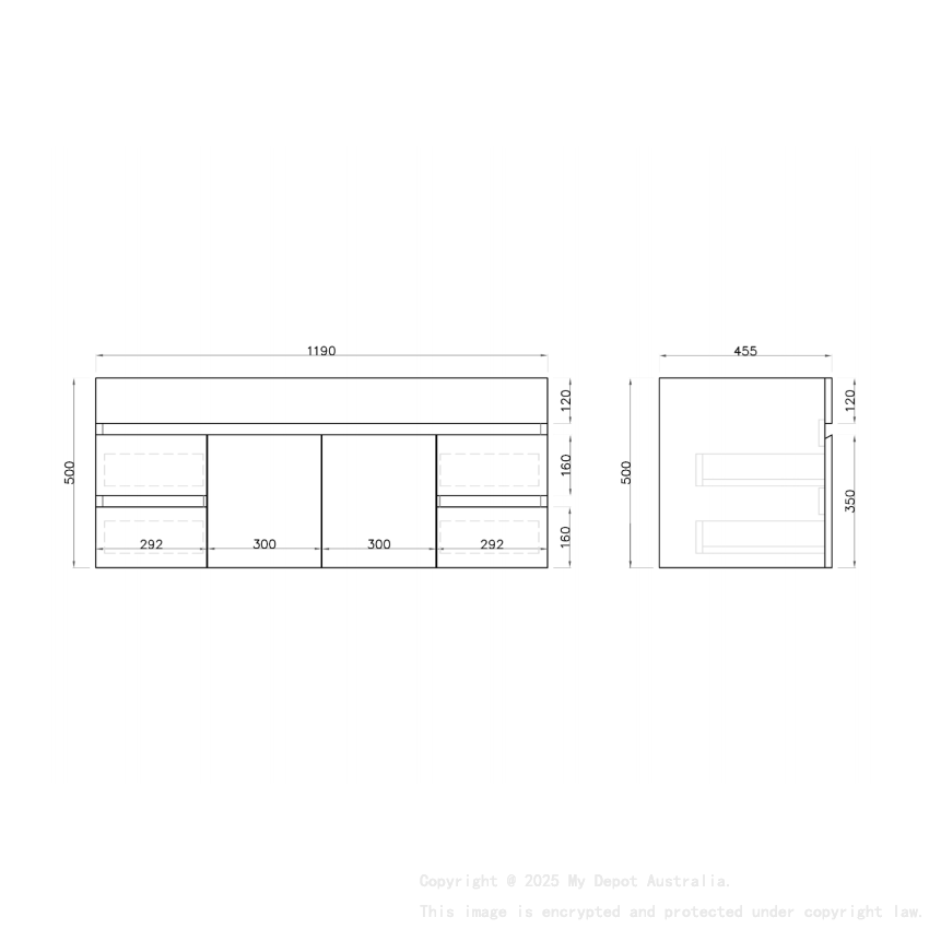 1200MM Gloss White PVC Bathroom Vanity 2 Middle Drawers 4S/DR Wall Hung Cabinet Only