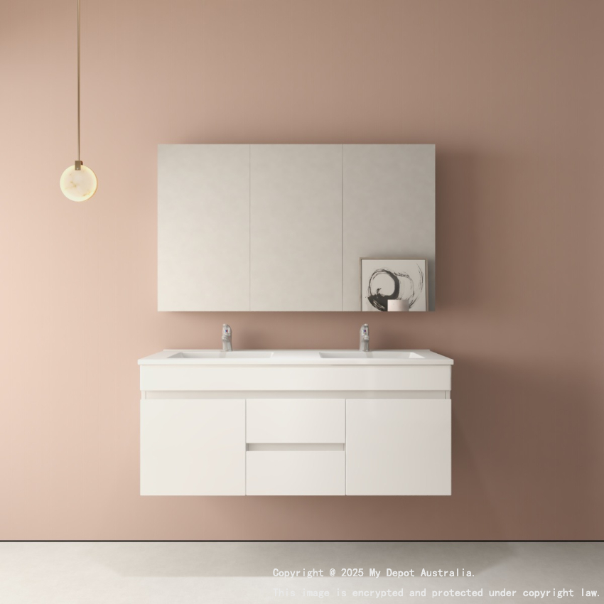 1200MM Gloss White PVC Bathroom Vanity 2 Middle Drawers 2 Side Doors Wall Hung Cabinet Only