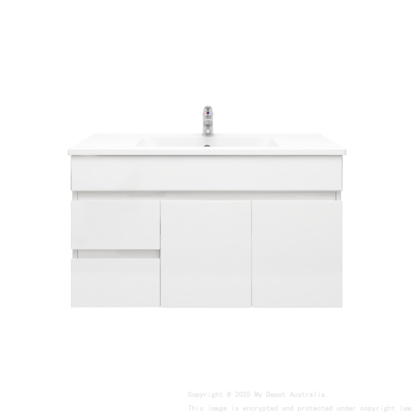 900MM Narrow Gloss White PVC Bathroom Vanity Wall Hung 2 Left Drawers 2 Right Doors Cabinet Only