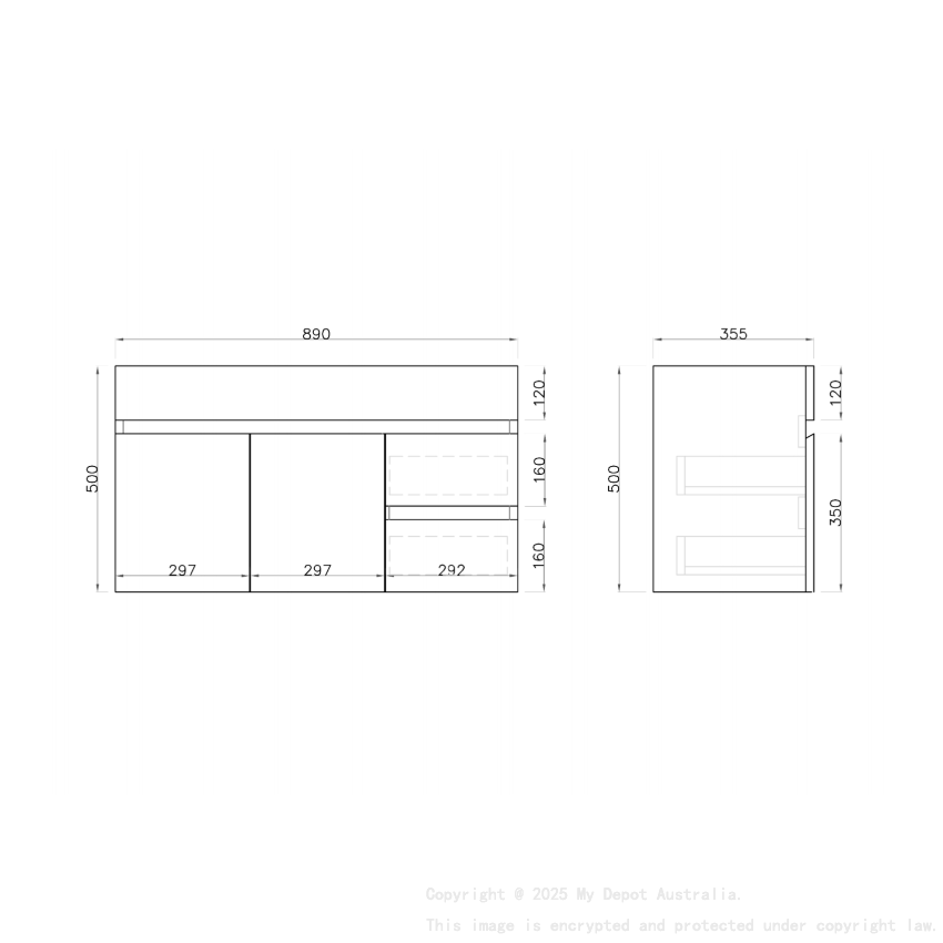 900MM Narrow Gloss White PVC Bathroom Vanity Wall Hung 2 Right Drawers 2 Left Doors Cabinet Only