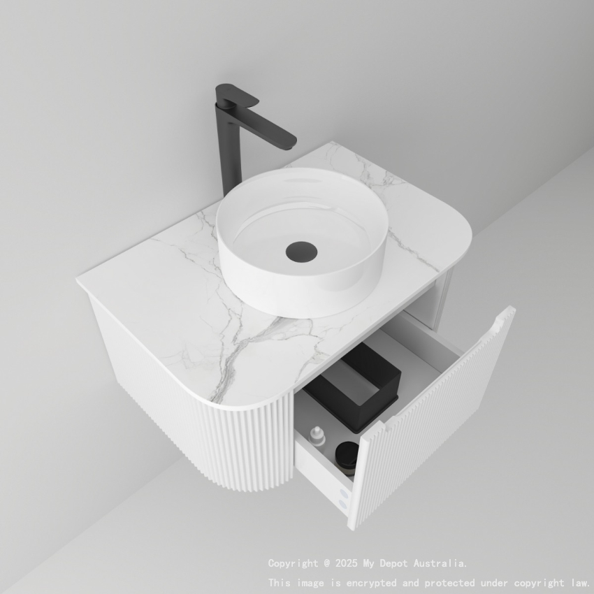 750mm Matte White 2PAC PVC 1/DW Curved Ribbed Design Wall Hung Cabinet Only 