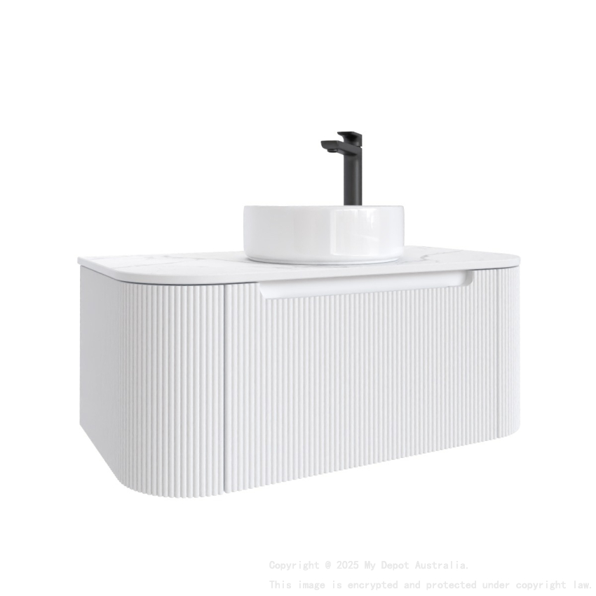 900mm Matte White 2PAC PVC 1/DW Curved Ribbed Design Wall Hung Finger Pull Drawer Cabinet Only 