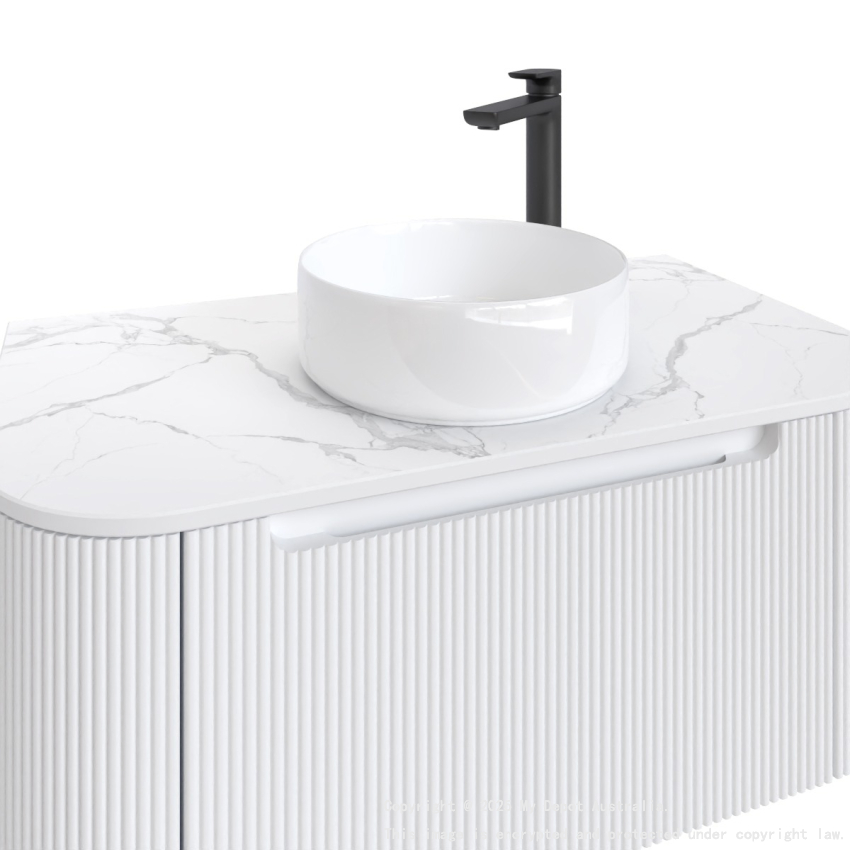 900mm Matte White 2PAC PVC 1/DW Curved Ribbed Design Wall Hung Finger Pull Drawer Cabinet Only 