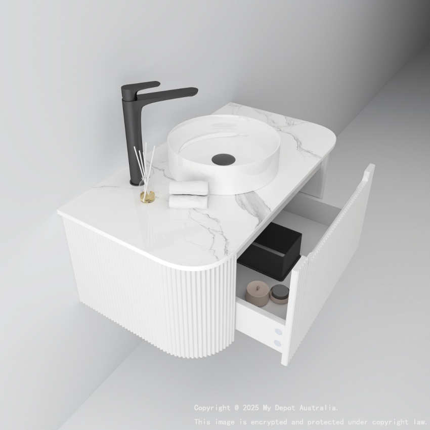 900mm Matte White 2PAC PVC 1/DW Curved Ribbed Design Wall Hung Finger Pull Drawer Cabinet Only 