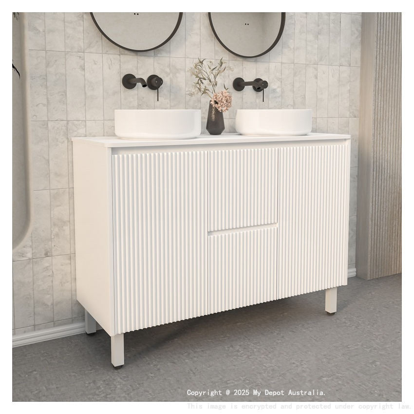 1200mm Brio Fluted Design PVC Matte White Freestanding Elegant Wave-Like Bathroom Vanity Cabinet Only