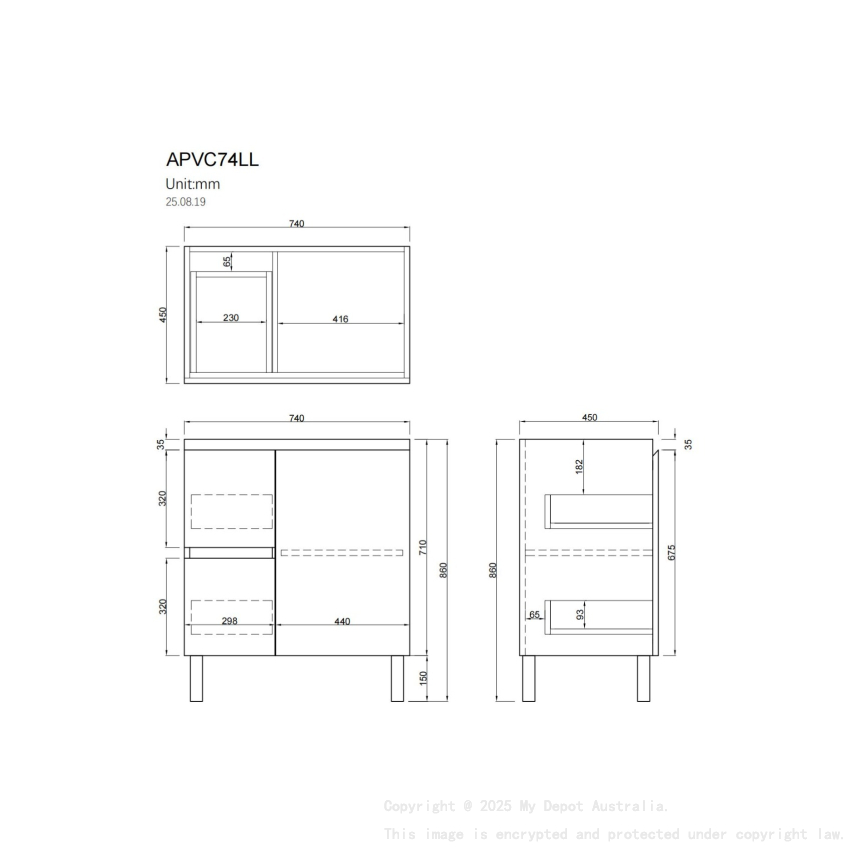 750Lx830Hx450Dmm Gloss White 2PAC PVC Two Left Drawers One Right Door Freestanding Vanity Cabinet Only