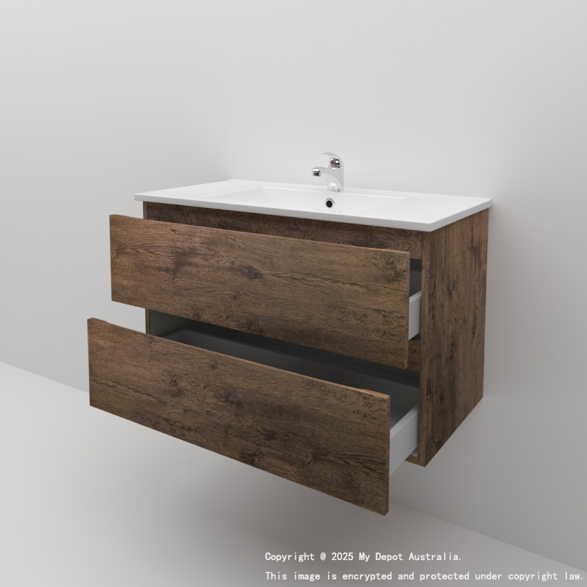 900mm Dark Oak MDF Bathroom Vanity 2 Drawers Wall Hung Cabinet Only 
