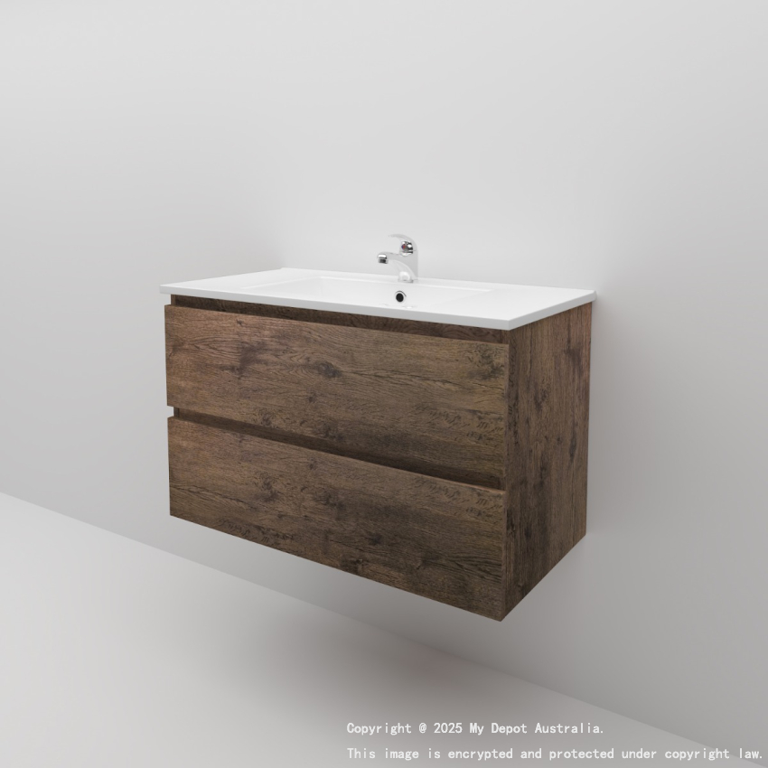 900mm Dark Oak MDF Bathroom Vanity 2 Drawers Wall Hung Cabinet Only 