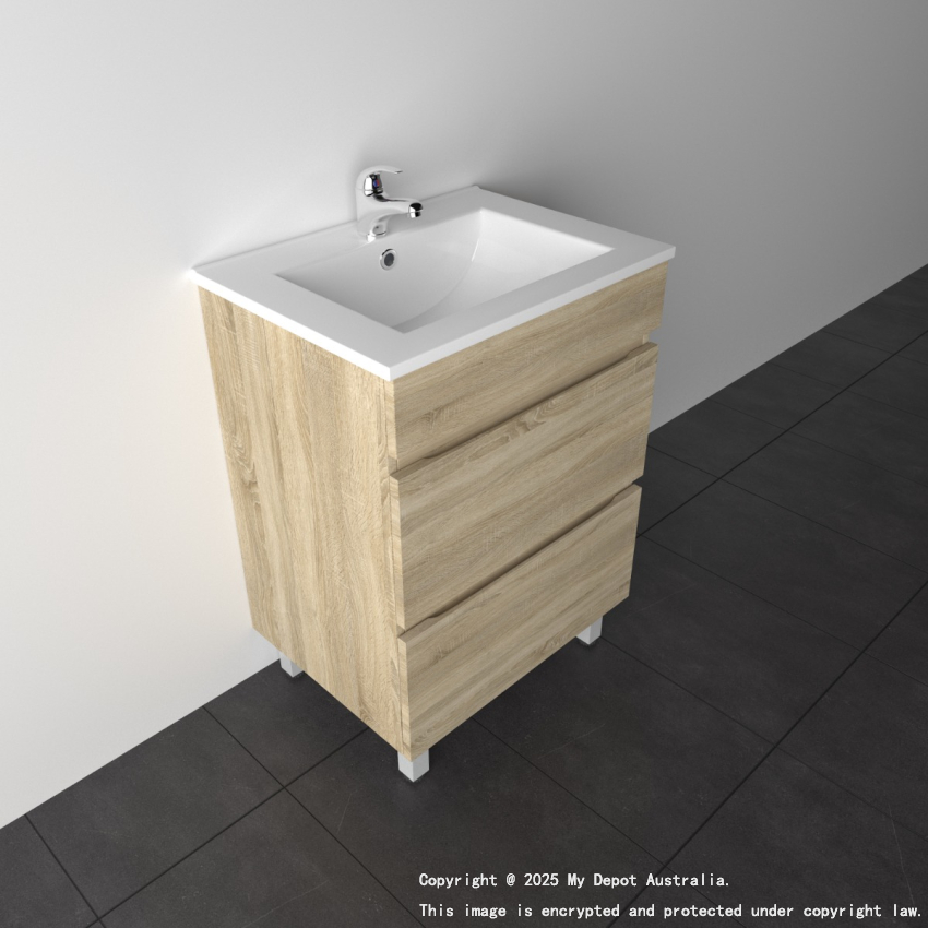 600mm White Oak MDF Bathroom Vanity 2 Drawers Free Standing Cabinet Only