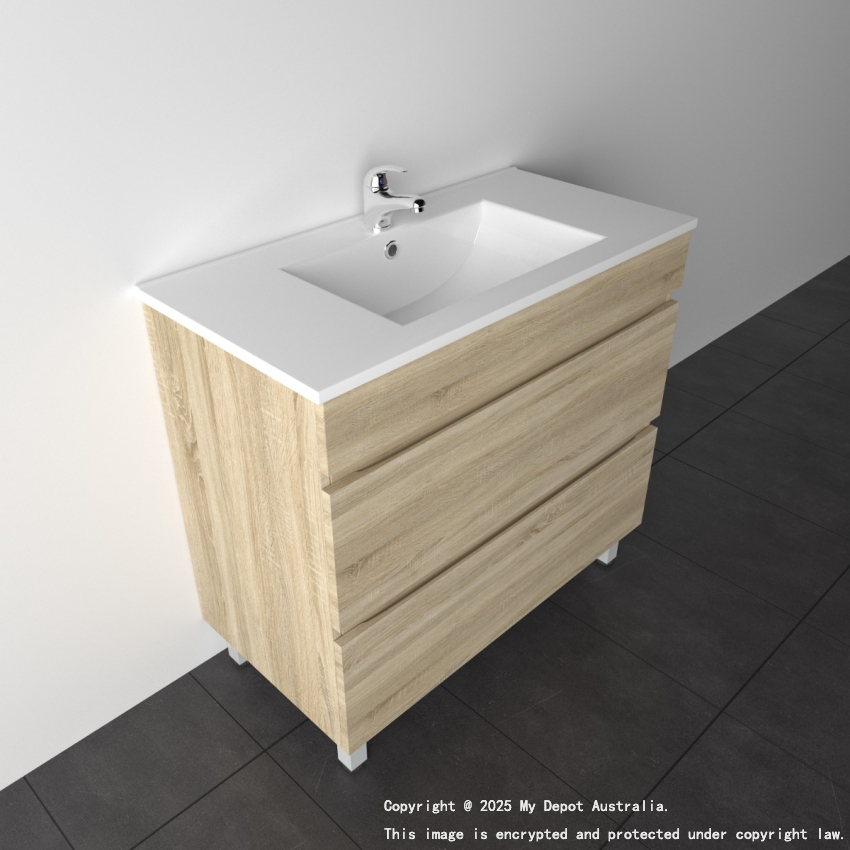 900mm White Oak MDF Bathroom Vanity 2 Drawers Free Standing Cabinet Only