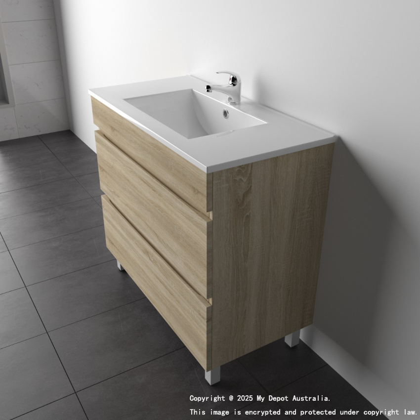 900mm White Oak MDF Bathroom Vanity 2 Drawers Free Standing Cabinet Only