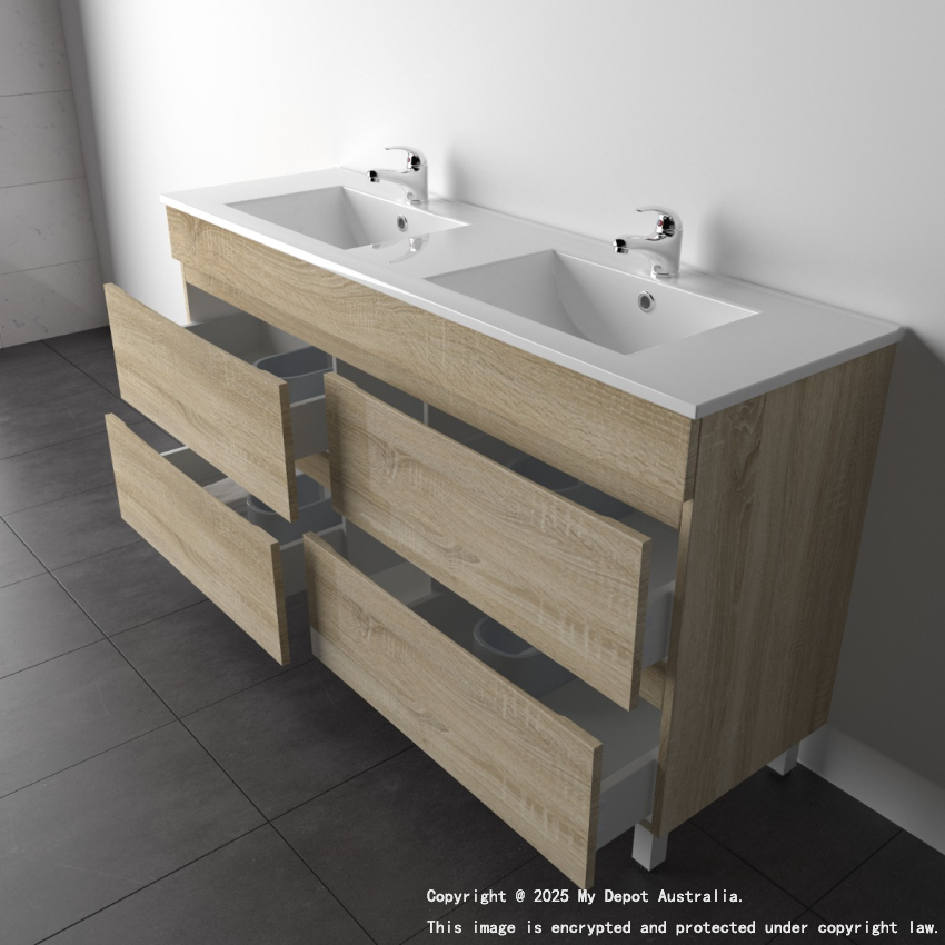 1500mm White Oak MDF Bathroom Vanity 4 Drawers Free Standing Cabinet Only