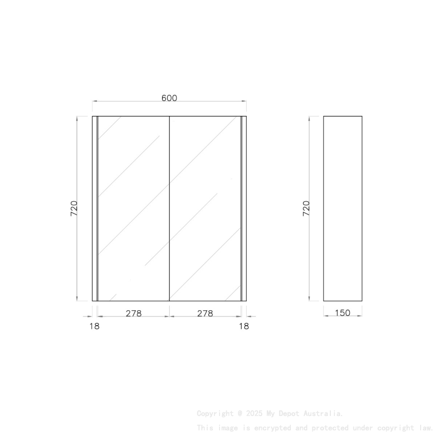 600mm Pencil Mirror Dark Grey MDF 2 Doors Shaving Cabinet