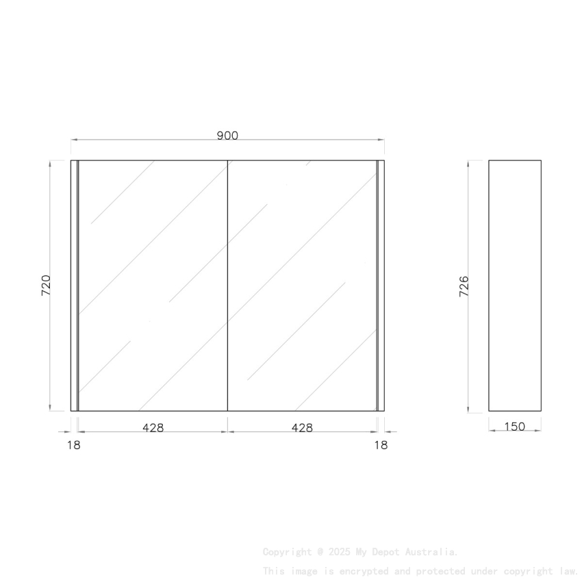 900mm Pencil Mirror Dark Oak MDF 2 Doors Shaving Cabinet