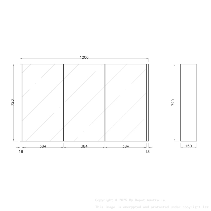 1200mm Pencil Mirror White Oak MDF 3 Doors Shaving Cabinet