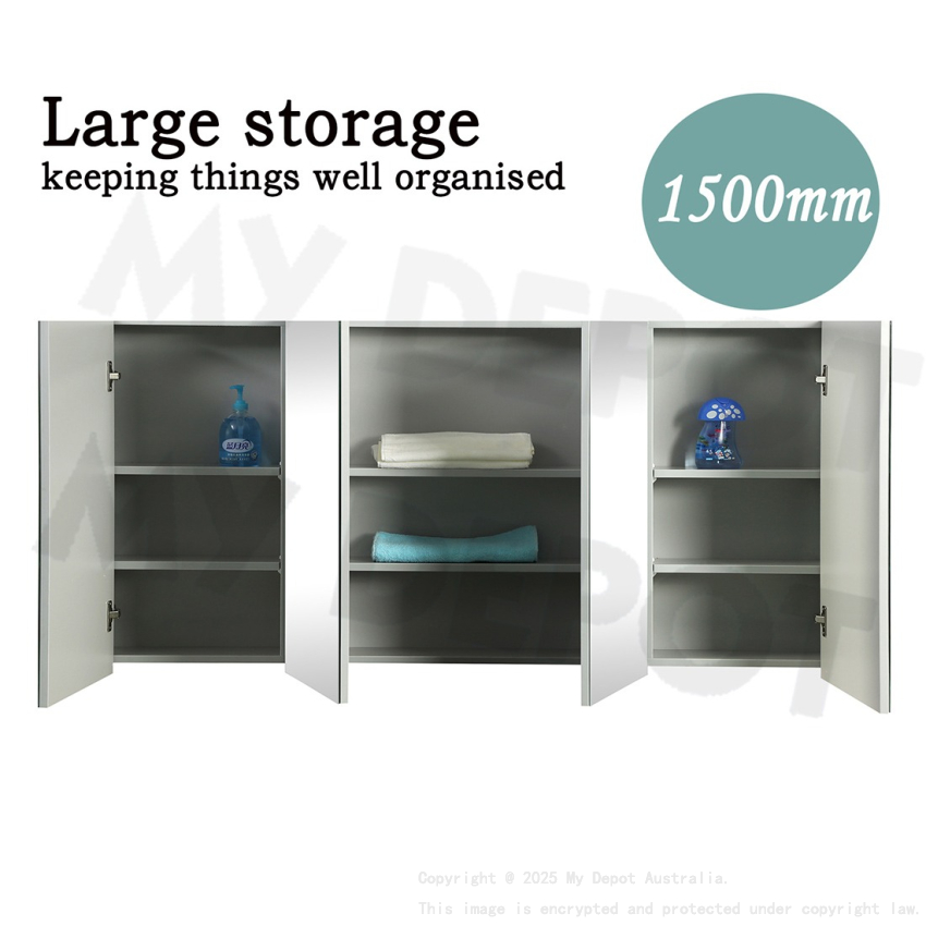 1500mm Pencil Mirror White Oak MDF 4 Doors Shaving Cabinet