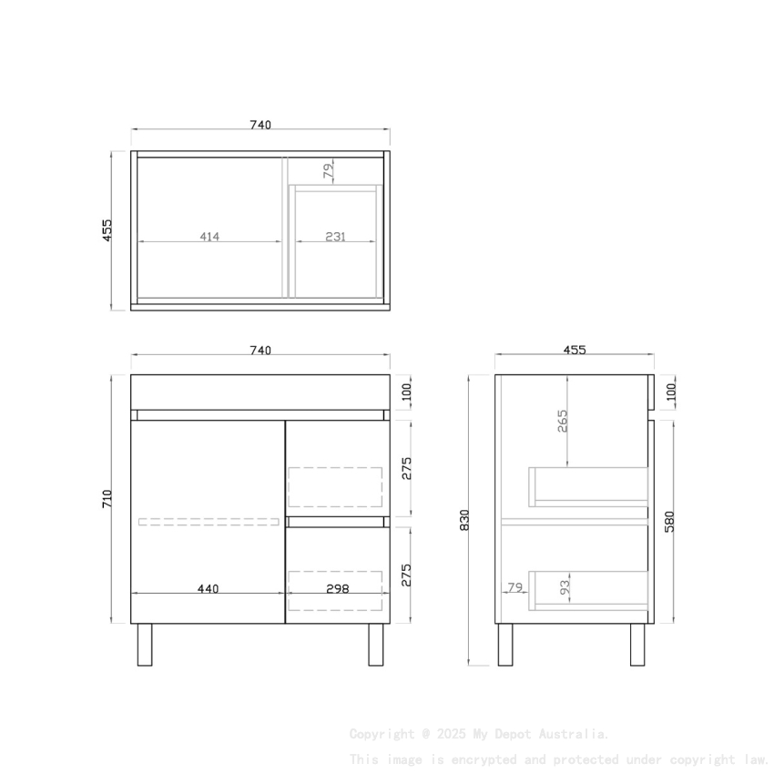 750mm Dark Grey MDF Bathroom Vanity Right Drawers Free Standing Cabinet Only
