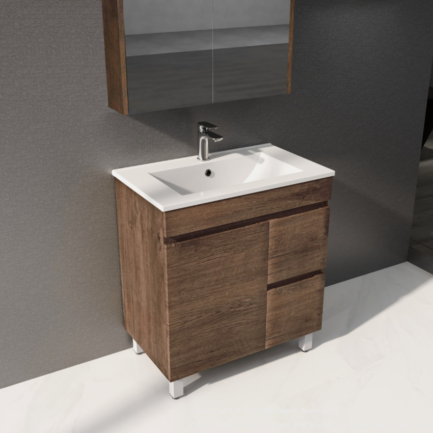 750mm Dark Oak MDF Bathroom Vanity Right Drawers Free Standing Cabinet Only