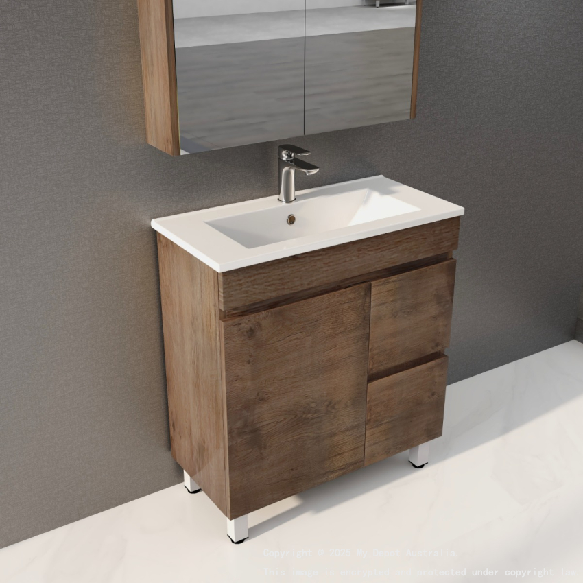 750mm Narrow Dark Oak MDF Bathroom Vanity Right Drawers Free Standing Cabinet Only