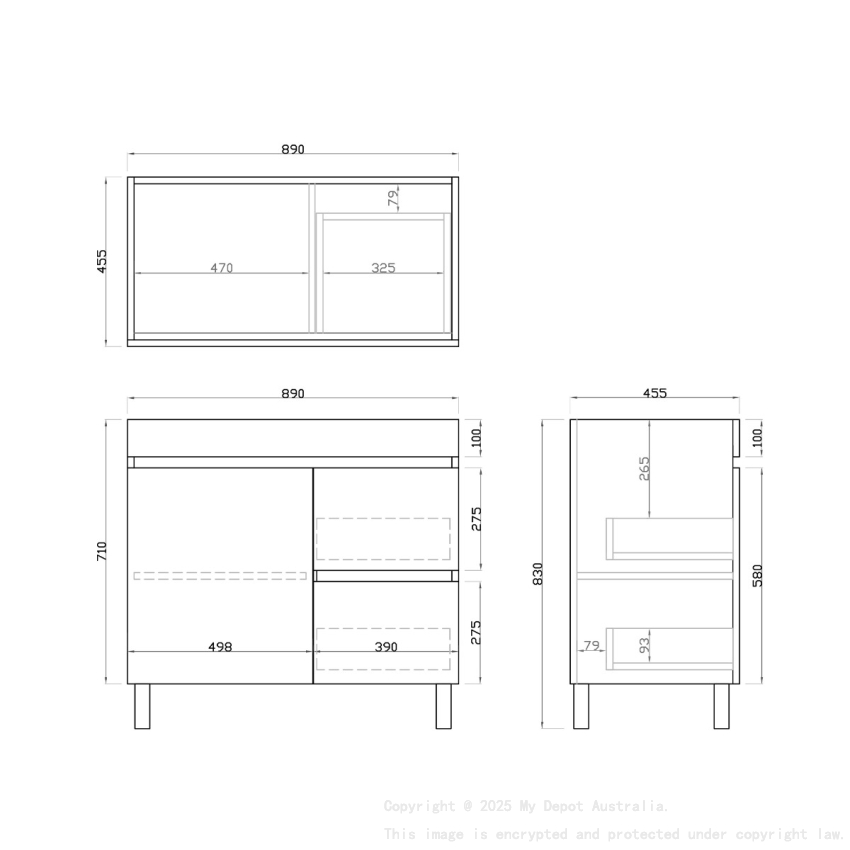 900mm Dark Grey MDF Bathroom Vanity Right Drawers Free Standing Cabinet Only