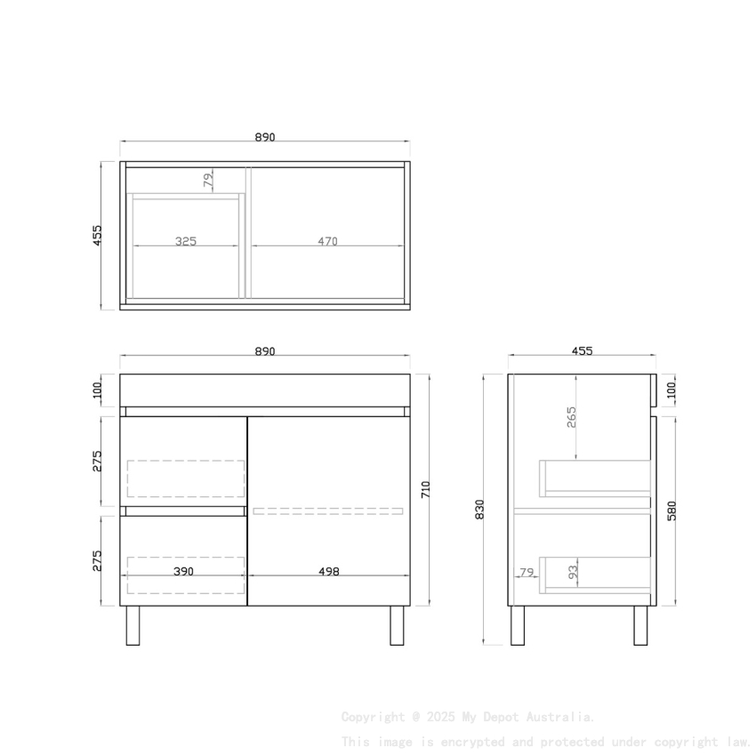 900mm Dark Grey MDF Bathroom Vanity Left Drawers Free Standing Cabinet Only