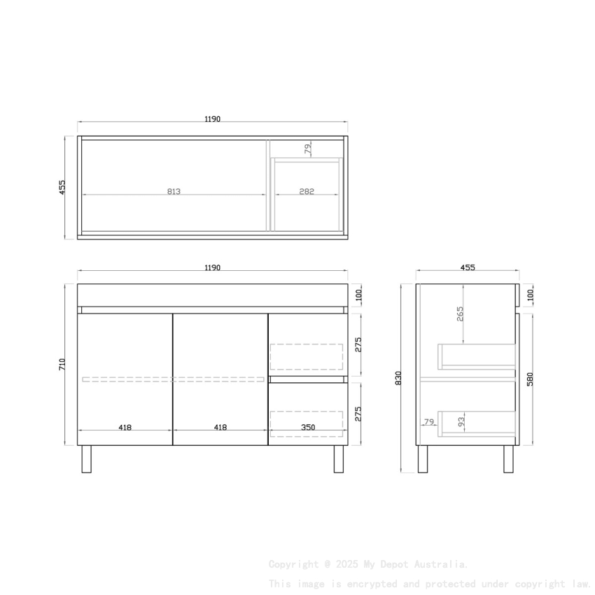1200mm Dark Grey MDF Bathroom Vanity Right Drawers Free Standing Cabinet Only