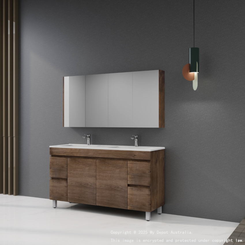 1500mm Dark Oak MDF Bathroom Vanity 4 Side Drawers 2 Middle Doors Free Standing Cabinet Only