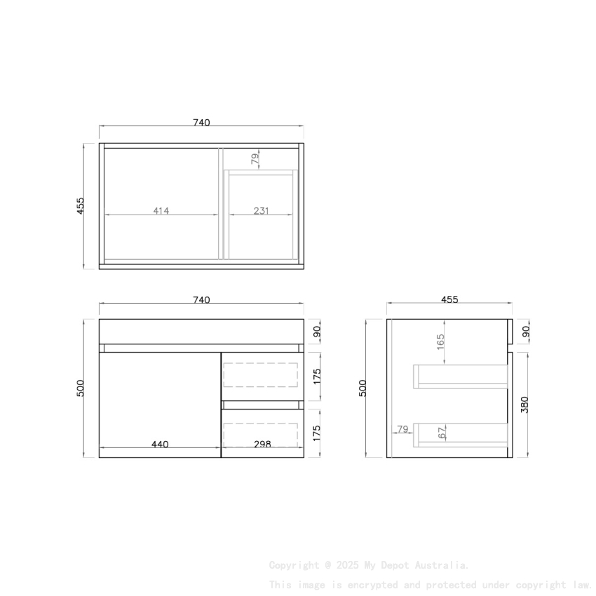 750mm White Oak MDF Bathroom Vanity Right Drawers Wall Hung Cabinet Only