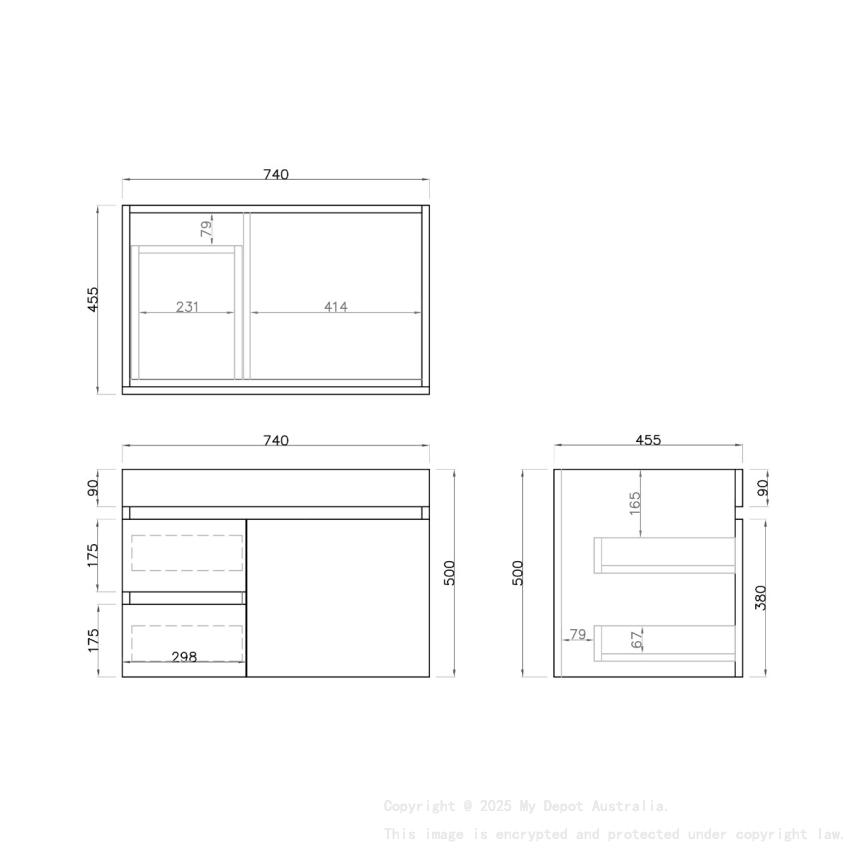 750mm Dark Grey MDF Bathroom Vanity Left Drawers Wall Hung Cabinet Only