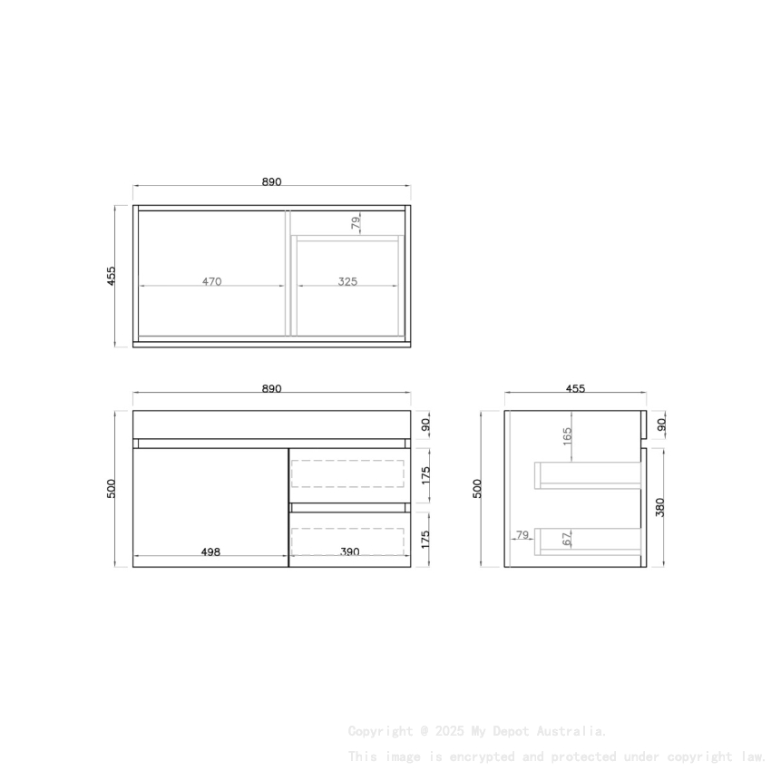 900mm Dark Grey MDF Bathroom Vanity Right Drawers Wall Hung Cabinet Only