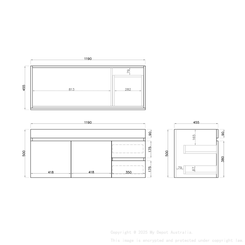 1200mm White Oak MDF Bathroom Vanity Right Drawers Wall Hung Cabinet Only