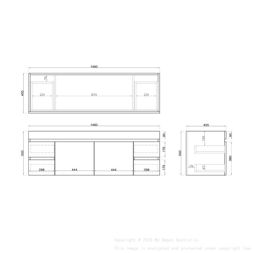 1500mm White Oak MDF Bathroom Vanity 4 Side Drawers 2 Middle Doors Wall Hung Cabinet Only