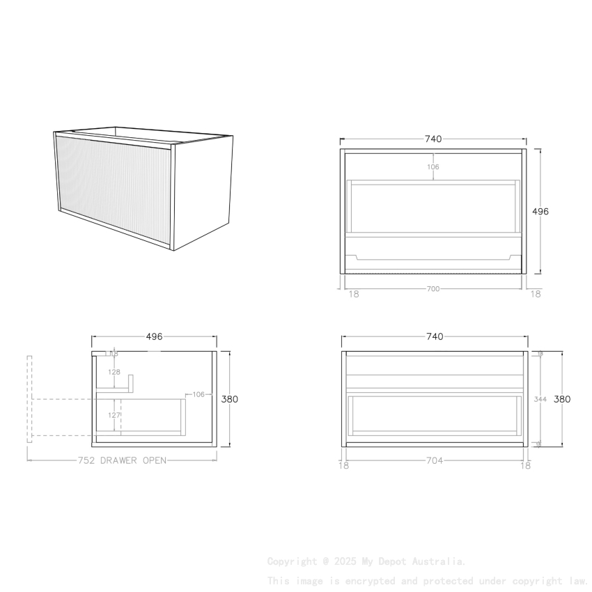 750mm Kiama Prime Oak 1 Drawer Fluted Wall Hung Vanity Cabinet Only