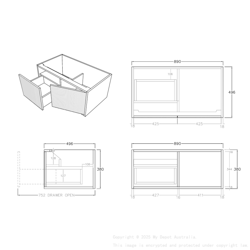 900mm Kiama Prime Oak 1 Left Hand Drawer 1 Right Hand Door Fluted Wall Hung Vanity Cabinet Only