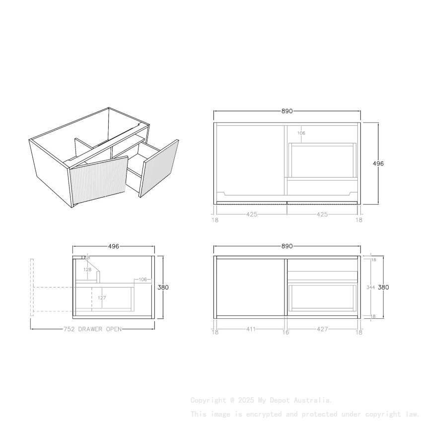 900mm Kiama Prime Oak 1 Right Hand Drawer 1 Left Hand Door Fluted Wall Hung Vanity Cabinet Only
