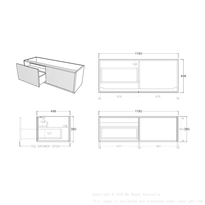 1200mm Kiama Prime Oak 1 Left Hand Drawer 1 Right Hand Door Fluted Wall Hung Vanity Cabinet Only