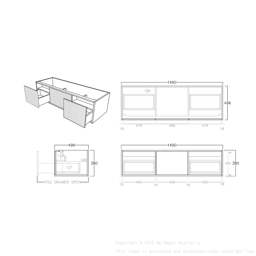 1500mm Kiama Prime Oak 2 Drawers 1 Door Fluted Wall Hung Vanity Cabinet Only