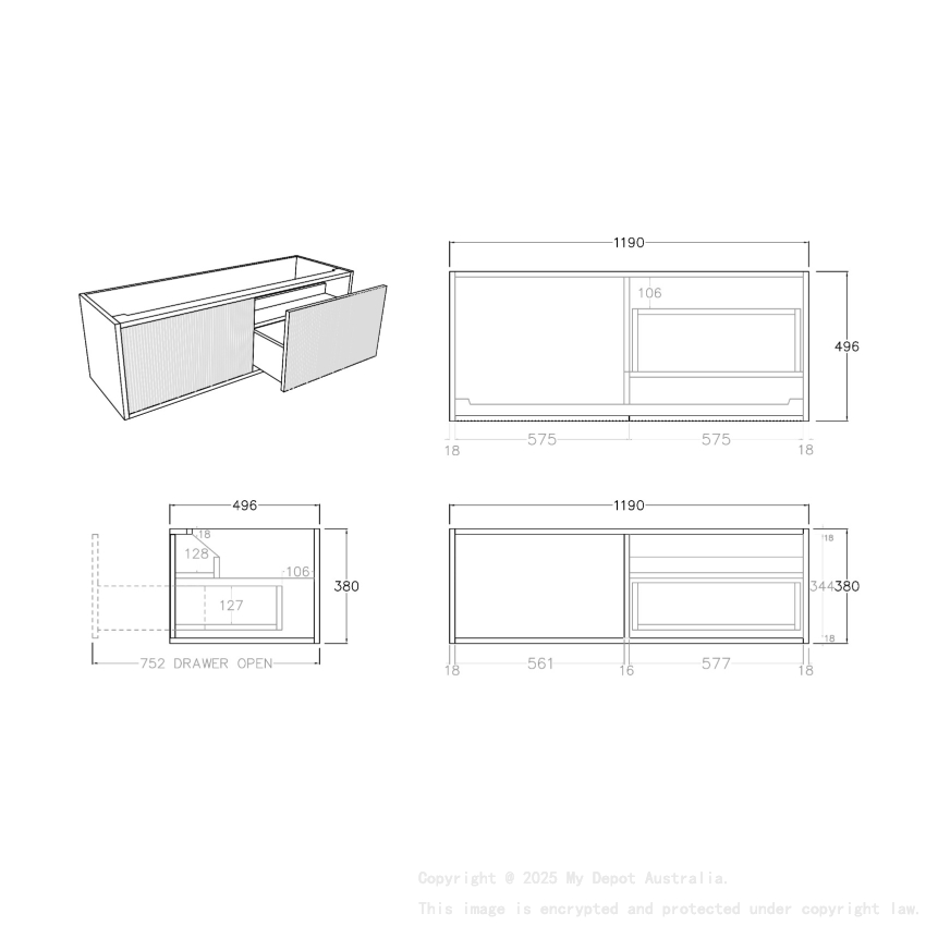 1200mm Kiama Coastal Oak 1 Right Hand Drawer 1 Left Hand Door Fluted Wall Hung Vanity Cabinet Only
