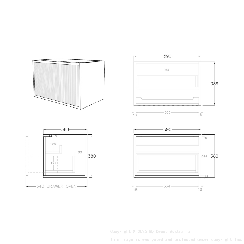 600mm Kiama Prime Oak 1 Drawer Narrow Fluted Wall Hung Vanity Cabinet Only