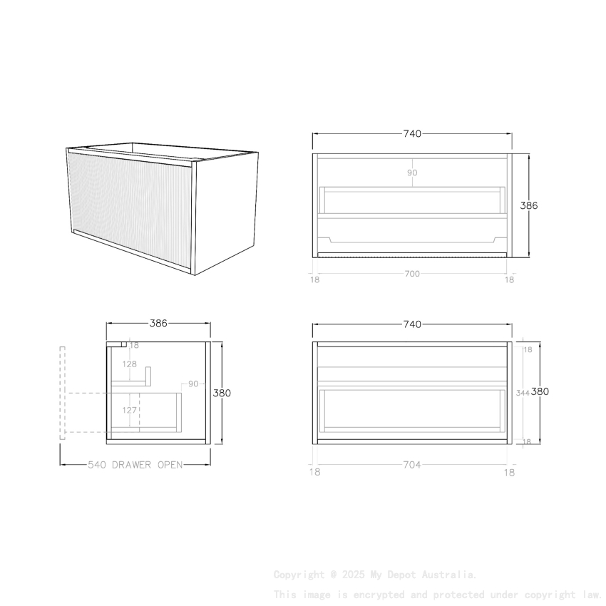 750mm Kiama Prime Oak 1 Drawer Narrow Fluted Wall Hung Vanity Cabinet Only