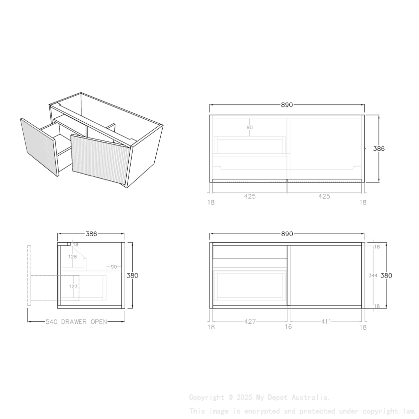 900mm Kiama Prime Oak 1 Left Hand Drawer 1 Right Hand Door Narrow Fluted Wall Hung Vanity Cabinet Only