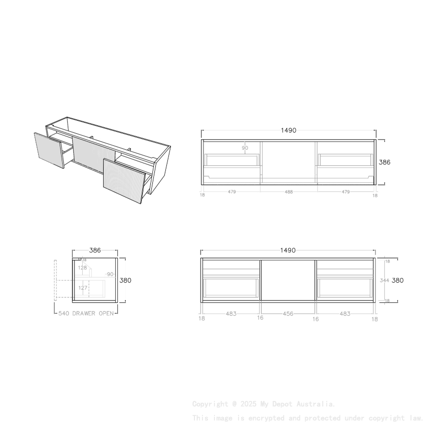1500mm Kiama Prime Oak 2 Drawers 1 Door Narrow Fluted Wall Hung Vanity Cabinet Only