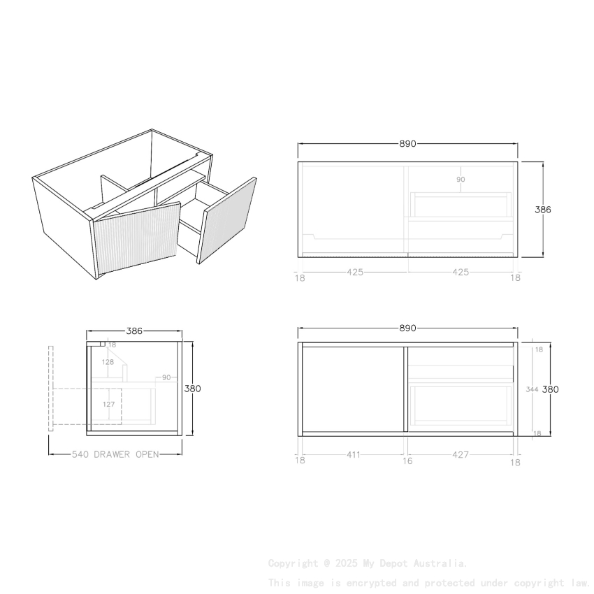 900mm Kiama Coastal Oak 1 Right Hand Drawer 1 Left Hand Door Narrow Fluted Wall Hung Vanity Cabinet Only