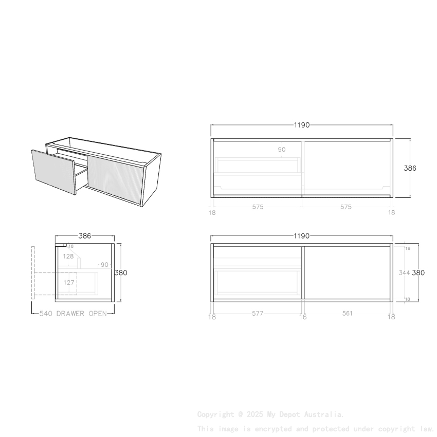1200mm Kiama Coastal Oak 1 Left Hand Drawer 1 Right Hand Door Narrow Fluted Wall Hung Vanity Cabinet Only