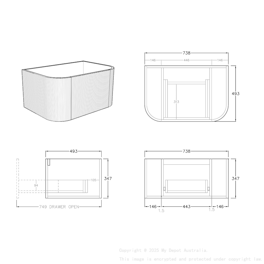 750mm Kiama Fluted Vanity Prime Oak 1 Drawer Curved Fluted Wall Hung Vanity Cabinet Only