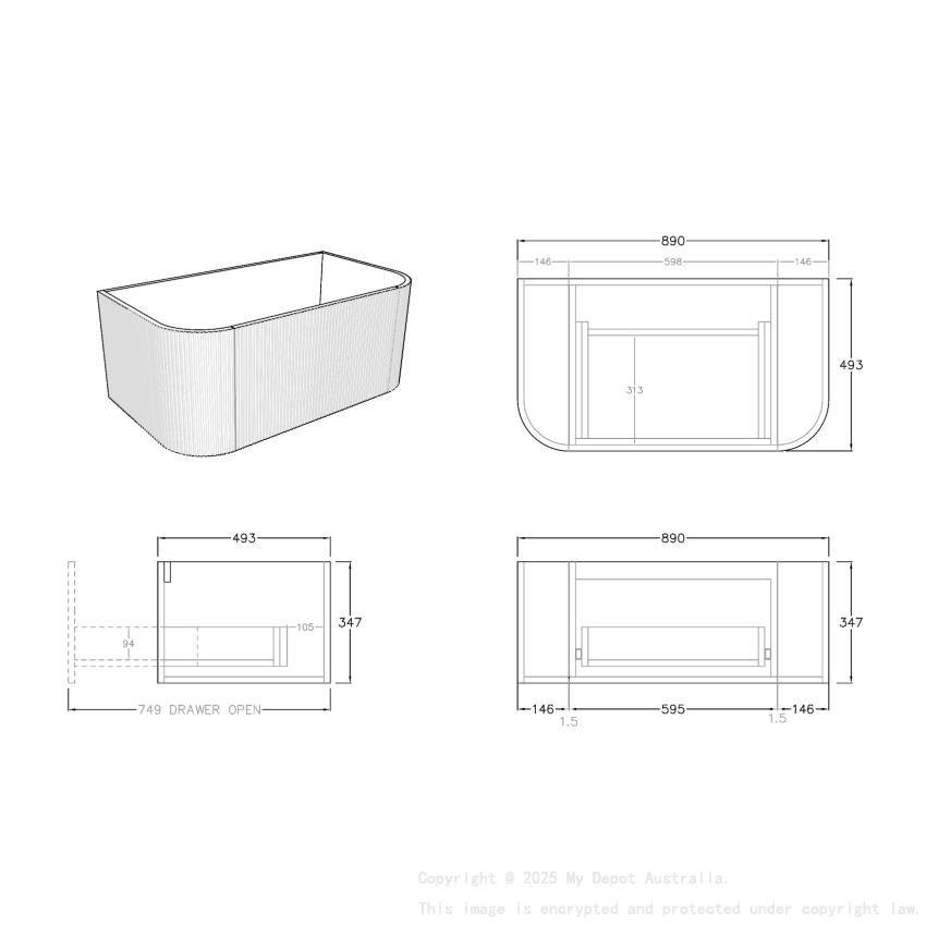 900mm Kiama Prime Oak 1 Drawer Curved Fluted Wall Hung Vanity Cabinet Only