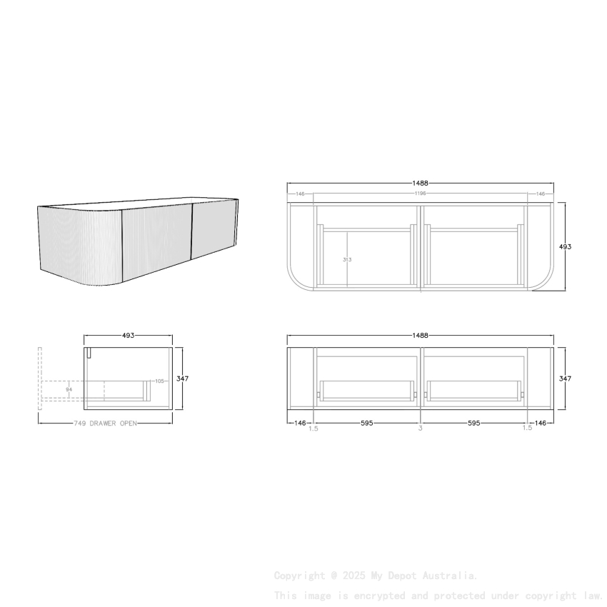 1500mm Kiama Prime Oak 2 Drawers Curved Fluted Wall Hung Vanity Cabinet Only
