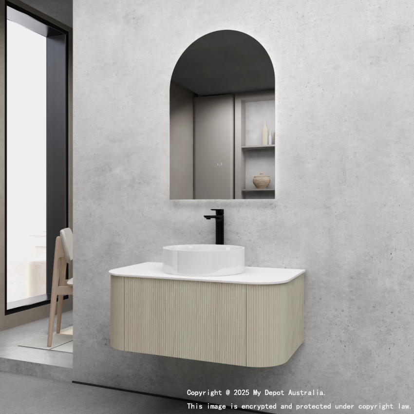 900mm Kiama Coastal Oak 1 Drawer Curved Fluted Wall Hung Vanity Cabinet Only