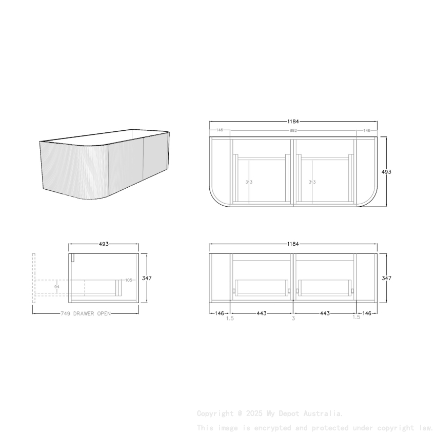 1200mm Kiama  Bottega Oak 2 Drawers Curved Fluted Wall Hung Vanity Cabinet Only
